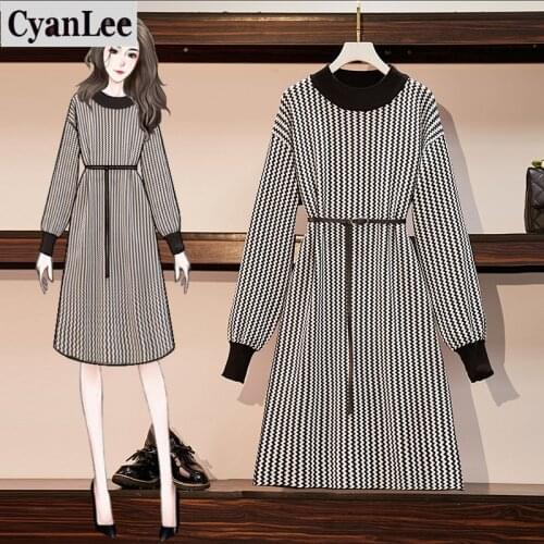 Cyanlee plus size women long sleeve plaid knitted sweater dresses women autumn winter warm thick knitting dress vintage vestidos