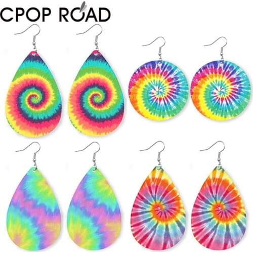 Cpop Harajuku Tie Dye Colorful Leather Earrings for Women Cute Designer Egirl Fashion Teardrop Earrings Vintage Punk Jewelry