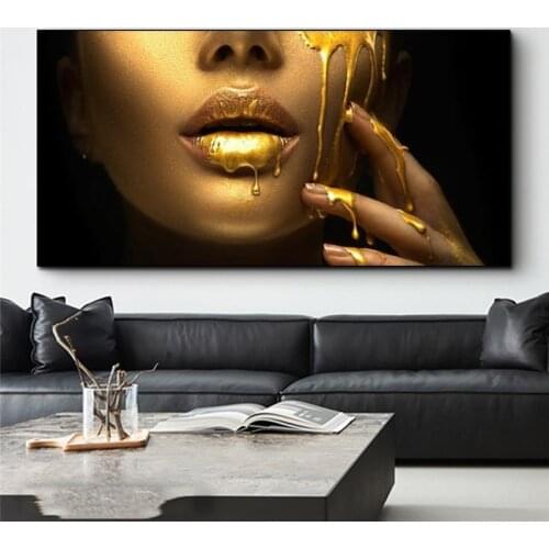 Sexy African Woman Gold Girl Face Canvas Paintings On The Wall Posters And Prints Golden Lips Wall Art Pictures Home Wall Decor