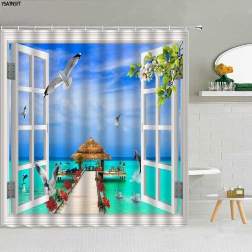 Blue Ocean Wooden Bridge Window Seagull Shower Curtain Flowers Plant Landscape Bathroom Supplies Fabric Hanging Curtains Decor