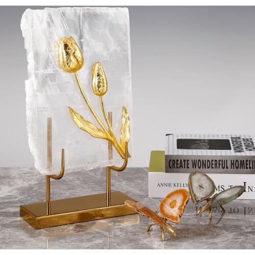 Modern Luxury Natural Natural Rectangle White Crystal Spar Stone Mosaic Brass Rose Flowers Decoration Home Gifts For Wedding