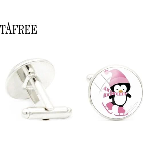TAFREE Cartoon Pink Penguin Cufflinks Silver Plated Art Picture Cuff Links Men Shirt Accessories Lovely Glass Dome Jewelry ST21