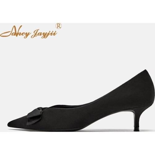 Women Shoes Ladies Female Pumps Black Solid Flock Butterfly-knot Basic Sweet Med thin heels Slip-On Pointed Toe Brand Mature