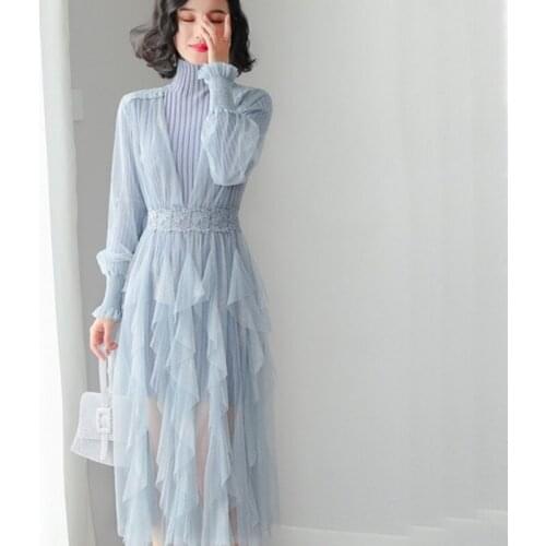 Knit Dress Autumns 2019 New Fashion WomenS Asymmetric Dresses Long Sleeve Vestido Patchwork Of Knit And Tulle Robe Femme AA4730