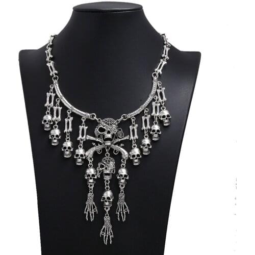 Halloween Jewelry Accessories Vintage Punk 3 Colors Alloy Skull Ghost Hand Pendants Statement Necklace for Halloween Party