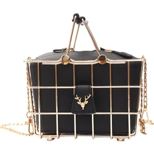 Retro Elegant Deer Head Metal Basket Style Black Pu Leather Ladies Handbag Totes Party Punk Bag Womens Purse Shoulder Bag