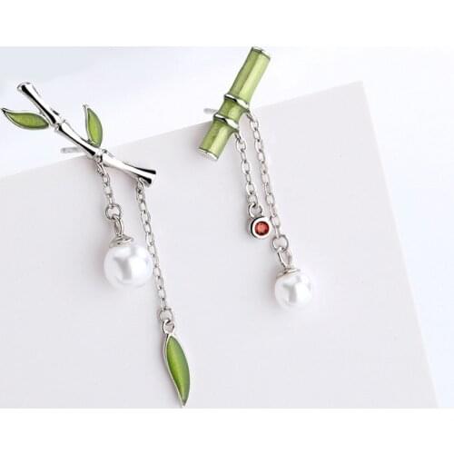 2021 New Arrival Trendy Geometric Simple Bamboo Green Pearl Dangle Earrings For Women Fashion Asymmetric Metal Jewelr