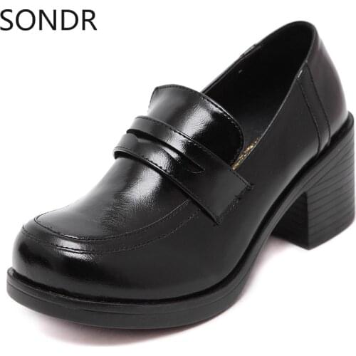 Womens Japanese School Slip on Brogue Oxfords Pumps Casual Cosplay Shoes Uniform Maid Lolita Block Chunky Heel Girls Japanese
