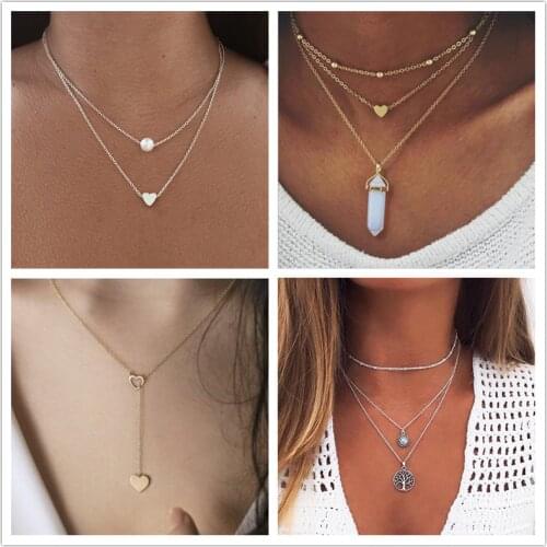 Tenande New Punk Bohemian Big Statement Hearts Cross Leaves Necklaces Pendants for Women Charm Chain Multi Layer Jewelry Collier