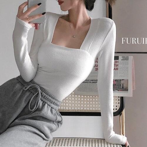 White Thickened Knitted Top Women Wear Sexy Slim Long Sleeve Sweater With Square Neck In Autumn And Winter