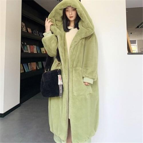 Women Winter New Solid Color Plus Size Hooded Fur Coat Ladies Fashion Green Thick Big Pocket Plush Coat Warm Parkas Jackes 071