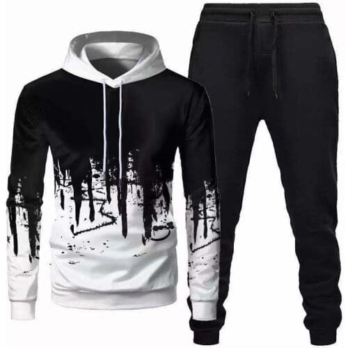 2 Pcs/Set Mens Casual Tracksuit Hoodies Digital Printed Sweatshirt and Jogger Pants Sweatsuits 2021AW Male Sportive Clothing