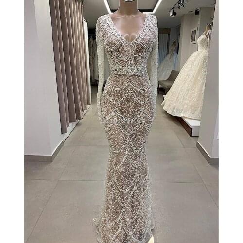 2020 Haute Couture V-Neck Mermaid Evening Dress Long Sleeves Women Dress Floor-Length Beaded Prom Dress Middle East Saudi Arabia