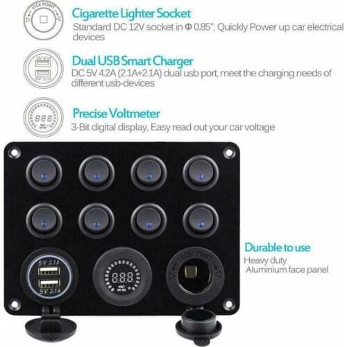12-24V 8 Gang Toggle Switch Panel Cigarette Lighter Socket Dual USB For Car Boat RV Truck ATV UTV Camper Caravan Circuit Breaker
