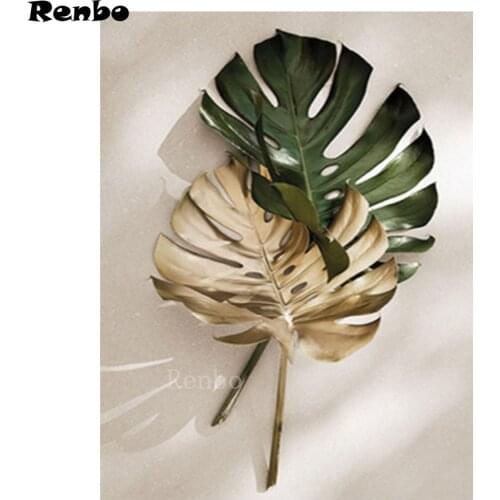 Diamond Painting Green And Gold Leaves Full Sqaure round Drill 5D DIY Diamond Embroidery Mosaic Rhinestone Kit Decor Home Gift