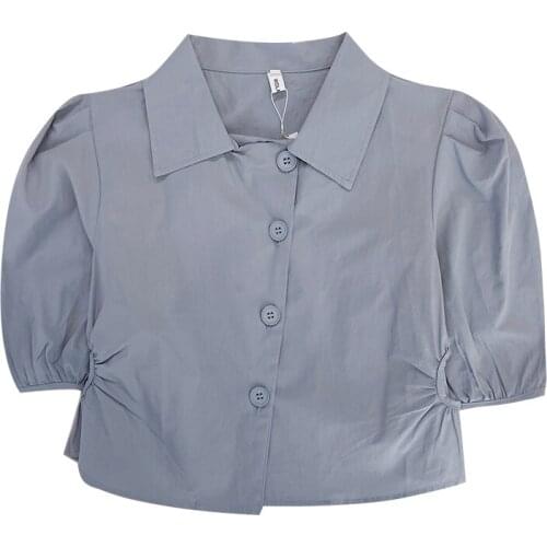 Hollow out puff sleeves side-breasted design turn-down collar slim short-sleeved short section shirt