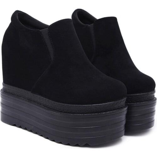 13cm High Heels Boots Autumn Black Suede Wedges Platform Boots Fashion Women Ankle Boots Height Increasing Wedges Shoes