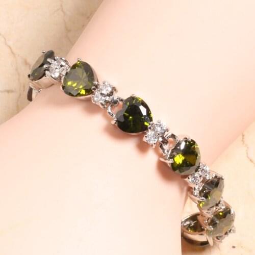 LOVE Heart Green Peridot White Zircon Silver Plated Argent Link Chain Bracelet 6 7 Inch L10062