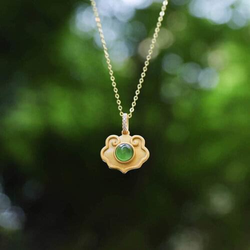 Natural Hetian Jade Xiangyun Lock of Good Wishes Pendant Gold Green Chalcedony Jade S925 Sterling Silver Necklace Ornament