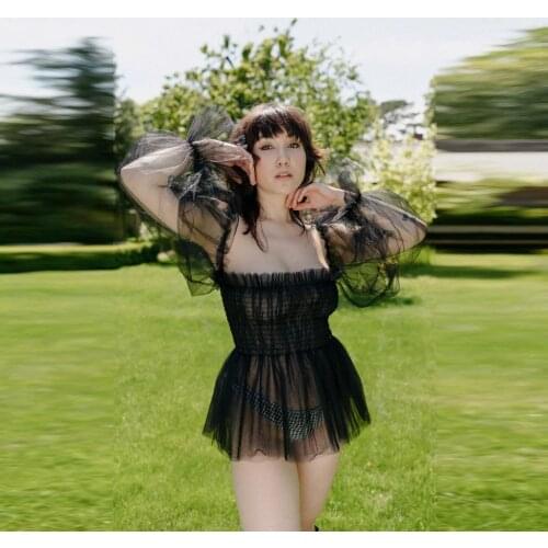 Black Short Sexy Tulle Women Tops Ruffles Tiered Blouse Square Women See Thru Summer Clothing Custom Made