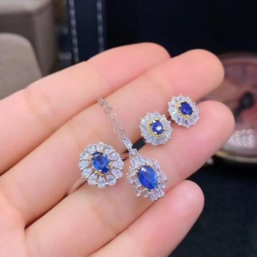 Elegant Natural And Real Sapphire Set 925 Sterling Silver 1pc Sapphire Ring,2pcs Sapphire Earring,1pc Sapphire Pendant