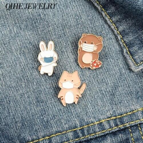 QIHE JEWELRY Cute Animal Enamel Pin Panda Bunny Rabbit Cat Bear Back View Brooches Kawaii Cartoon Lapel Pins Kids Children Gifts