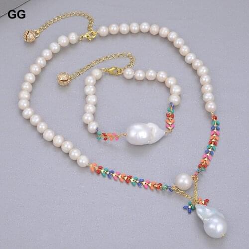 GuaiGuai Jewelry Natural Freshwater Cultured White Keshi Pearl Pendant Multi Color Enamel Chain Choker Necklace Bracelet Sets