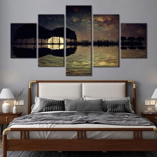 Wall Art Guitar Lake Moon Trees Music Canvas Painting 5 Pcs Print Poster Pictures Bedroom Home Decoration