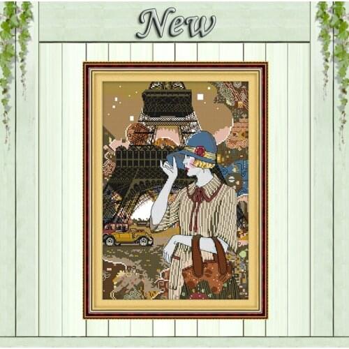 The Pretty Woman of Paris Eiffel Tower painting counted print on canvas needlework embroidery Set DMC 11CT 14CT Cross Stitch kit