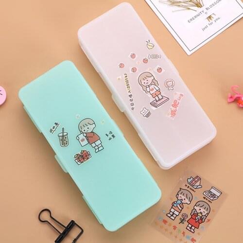 Kawaii Double Deck Plastic Pencil Case Cute Cartoon Stickers Multi-Layer Pencils Box For Student Stationery Supplies Storage Box