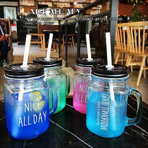 Creative Gradient Color Glass Cup Cute Mason Jar Cups With Straw and Lids Summer Transparent Fruit Juice Cool Drink Water Bottle