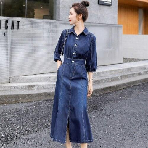 2021 New Autumn Fashion Women Slim Denim Dresses Women Turn-down Collar Long Dresses Female Drawstring Casual Jean Dress Z700