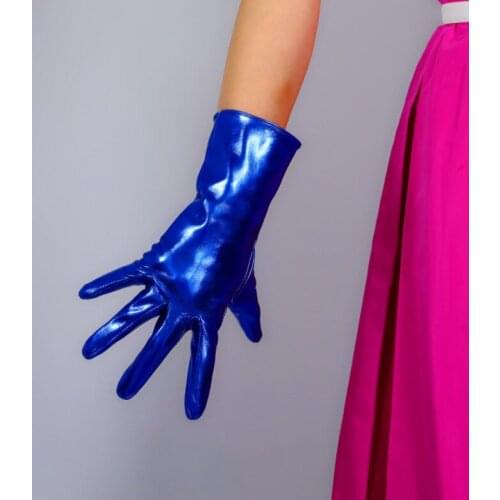 Womens runway fashion shiny blue patent leather glove ladys club performance formal party leather medium long glove 28cm R679