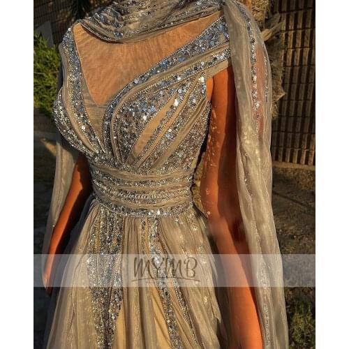 Stunning Arabic Silver Evening Formal Gowns Cap Sleeves Crystal Handmade Illusion Flowy Aline Evening Kaftan Wear For Parties