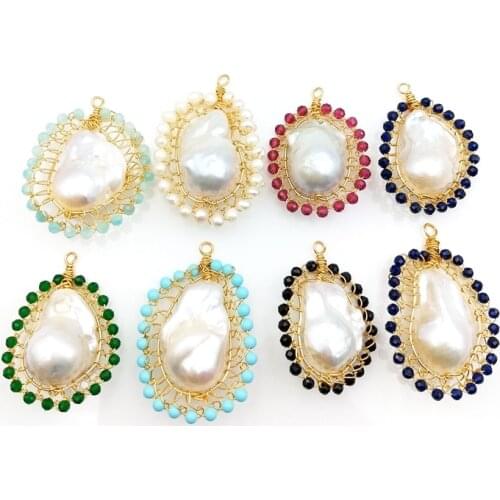Gold color plated Wire Wrapped beads chram Natural baroque pearl paved with multi stones pendant for necklace DIY jewelry