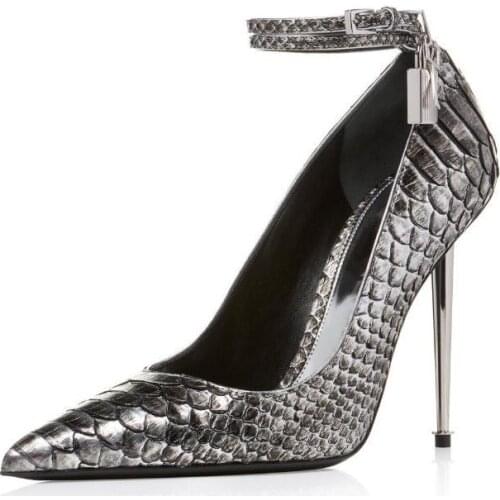 Sexy Gray Snake Print Leather Lock Pumps Women Shoes Pointed toe Silver Metal Heels Women Shoes High Heels Low Cut Ladies Shoes