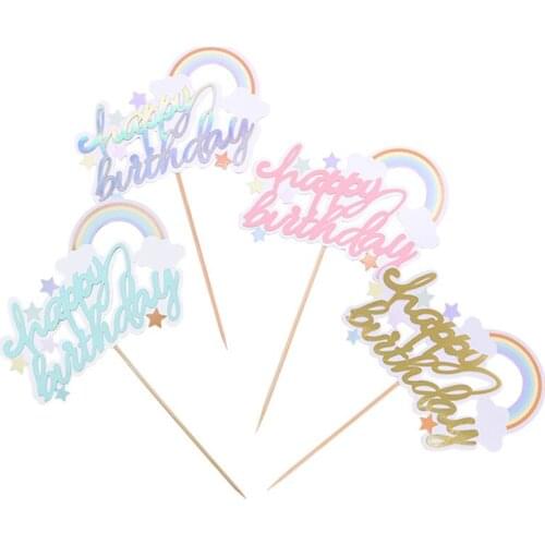 Rainbow Happy Birthday Cake Topper Blue Pink Birthday Cupcake Toppers Flags for Kids Birthday Party Cake Decorations Baby Shower