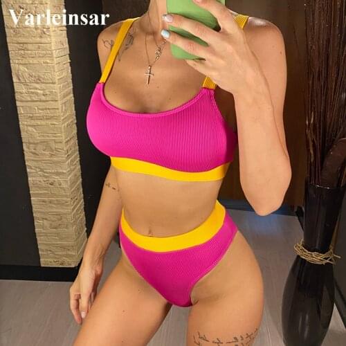 S - XL Splicing Ribbed High Waist Bikini Female Swimsuit Women Swimwear Two-pieces Bikini set Bather Bathing Suit Swim V2329H