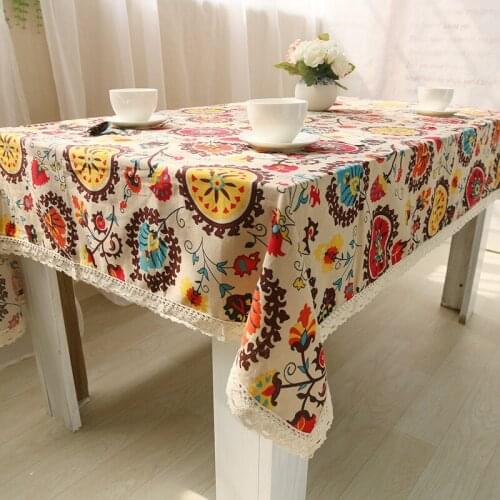 Bohemia Style Linen Cotton Table Cloth Rectangular Lace Edge Tablecloths Letter Printed Dustproof Table Covers