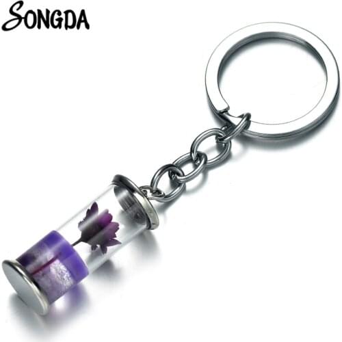 Dry Flowers Glass Bottle Pendent Keychain Colorful Flower Stone Sequin Car Key Chain Rings Charm Female Keyring For Gifts
