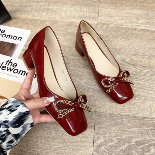 Patent Leather metal chain bow-knot loafers woman flats shallow slip on moccasins square toe thick heels sneakers women shoes