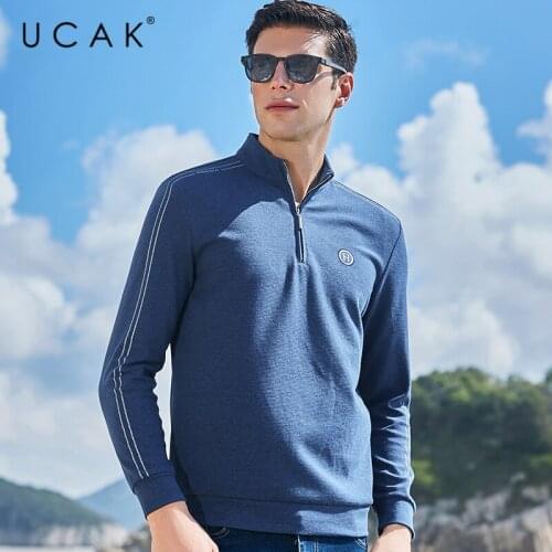 UCAK Brand Spring New Arrivals High Quality Cashmere Casual Solid Color O-Neck Long Sleeves Zipper Mens T-Shirt Homme U5358