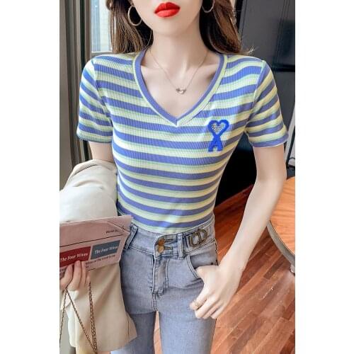 2021 Summer New rainbow stripe Women V-neck T-shirts Tops Korean Fashion Slim Women T shirt short T-shirts y2k top