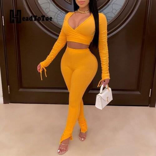 Slim High Waist Skinny Sexy Solid Two Pieces Set Women Full Sleeve V Neck Two Piece Outfits