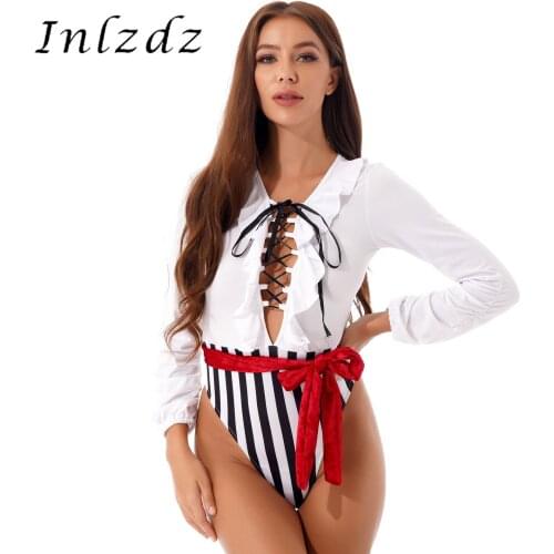 Womens Pirate Role Play Costume Stage Outfit Lace-up Plunging Neckline Pleated Long Sleeve Striped Bodysuit with Velvet Belt