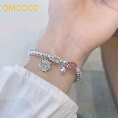 QMCOCO 925 Silver Sweet Bracelet Trendy Vintage Creative Letter Good Luck Strawberry-Crystal Party Jewelry Accessories For Woman