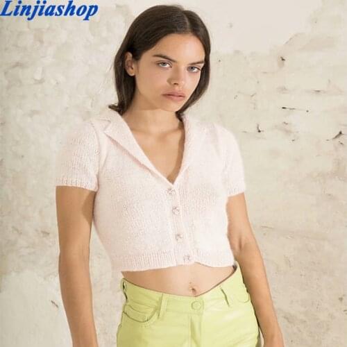 Women Summer thin solid cardigan short sleeves single-breasted slim knitted top beige white sweater femme vestidos
