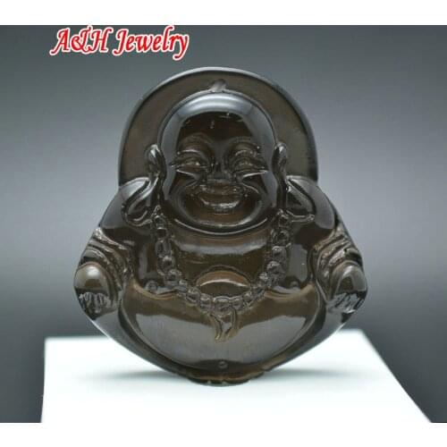 5pcs Natural Black Ice Crystal Obsidian Fine Carved Laughing Buddha Pendants 35x35mm Fashion Women Jewelry Making Materials