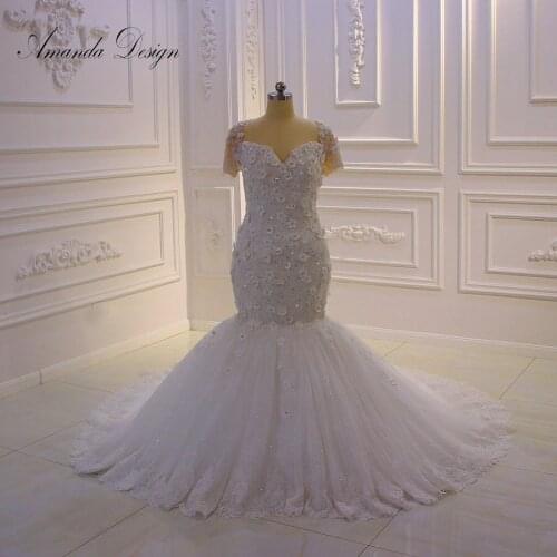 Amanda Design gelinlik 2019 Short Sleeve Lace Applique Mermaid Flowers Illusion Wedding Dress