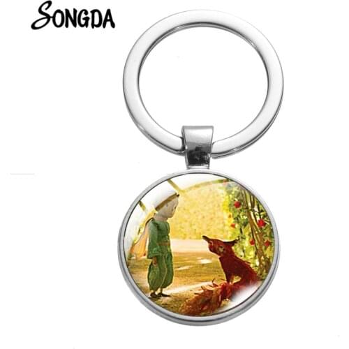 Newest Classic The Little Prince Keychain Prince and Fox Cartoon Printing Glass Crystal Alloy Key Chain Holder for Unisex